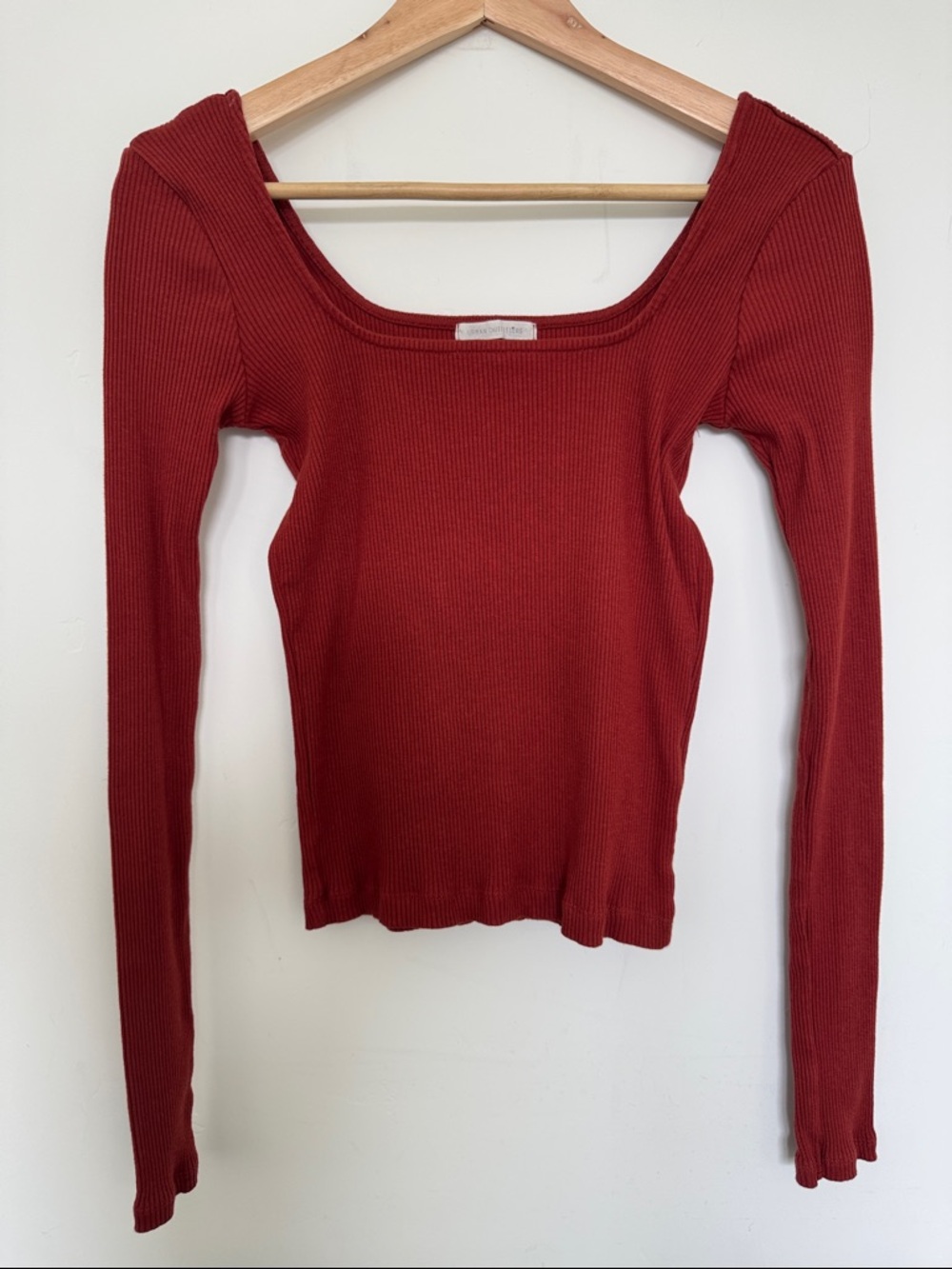 Urban Outfitters Ribbed Square-Neck Long Sleeve Top - Rust